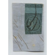 ARGENTINA 1856 GJ 1 CORRIENTES LA PRIMER ESTAMPILLA ARGENTINA EN FRAGMENTO NOTESE QUE EL SELLO TIENE ADEMAS EL CARTUCHO DEL VALOR FACIAL DEL SUPERIOR MUY RARO